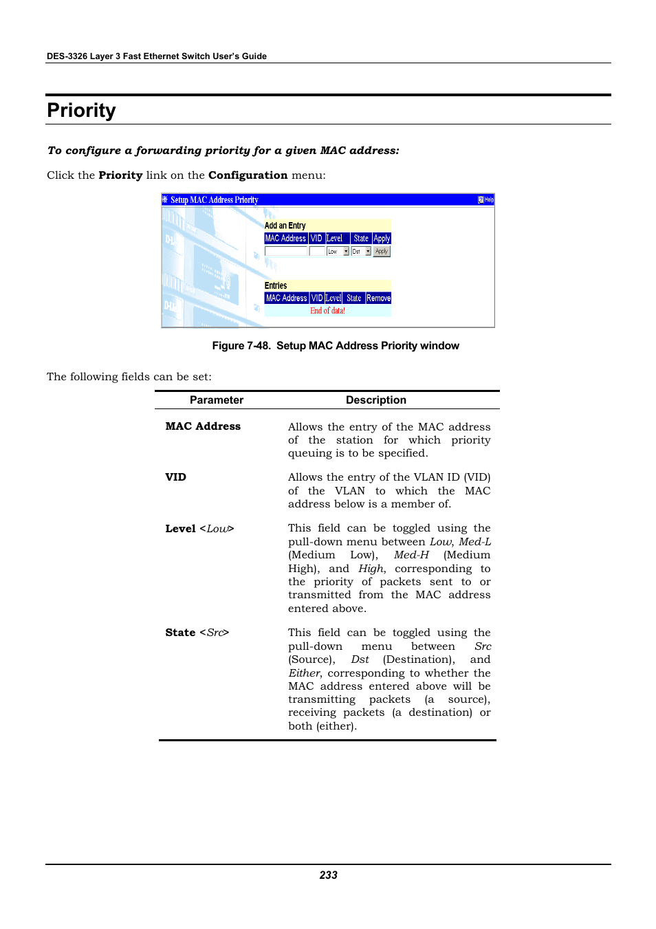 Priority | D-Link DES-3326 User Manual | Page 233 / 285