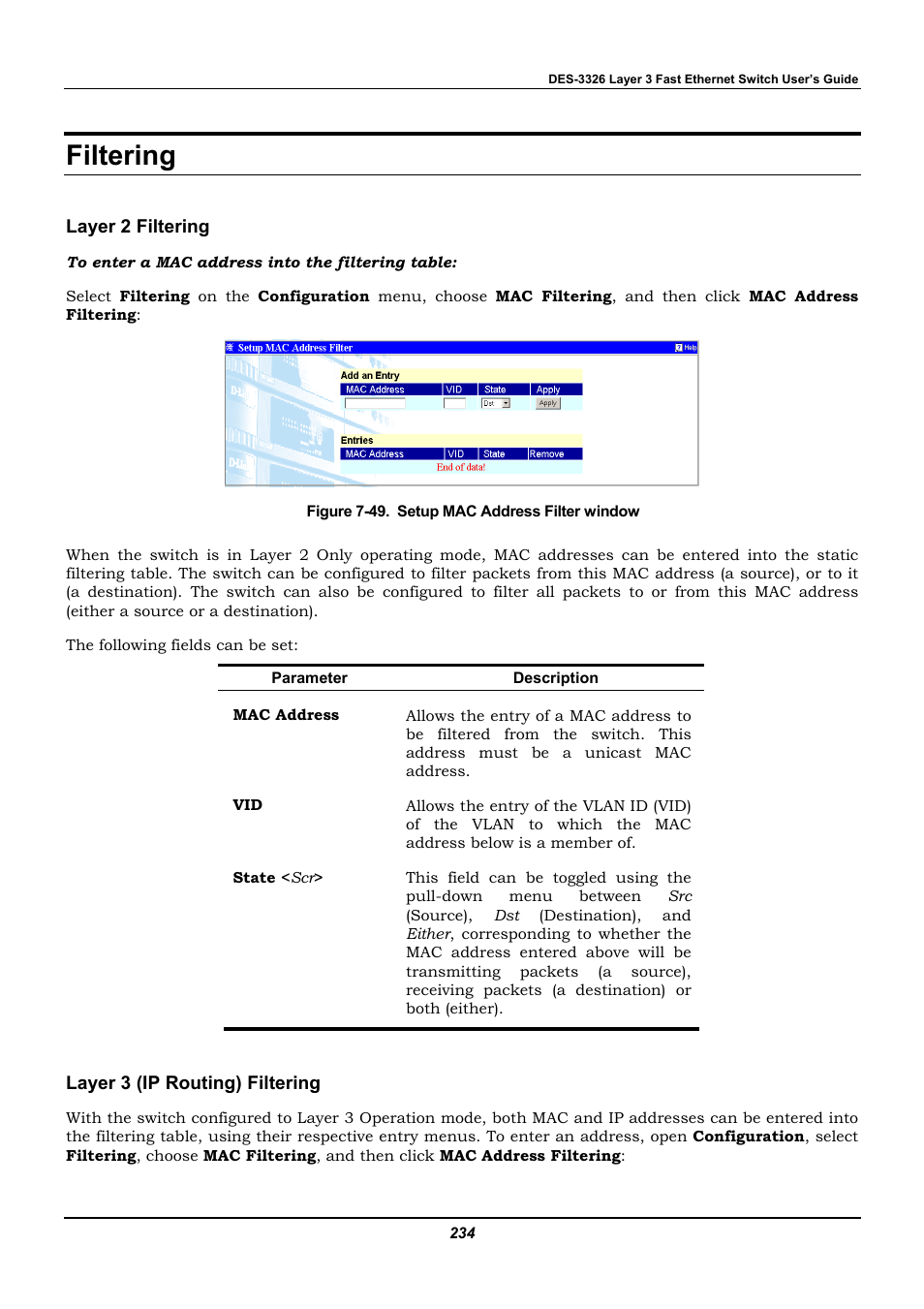 Filtering, Layer 2 filtering, Layer 3 (ip routing) filtering | D-Link DES-3326 User Manual | Page 234 / 285