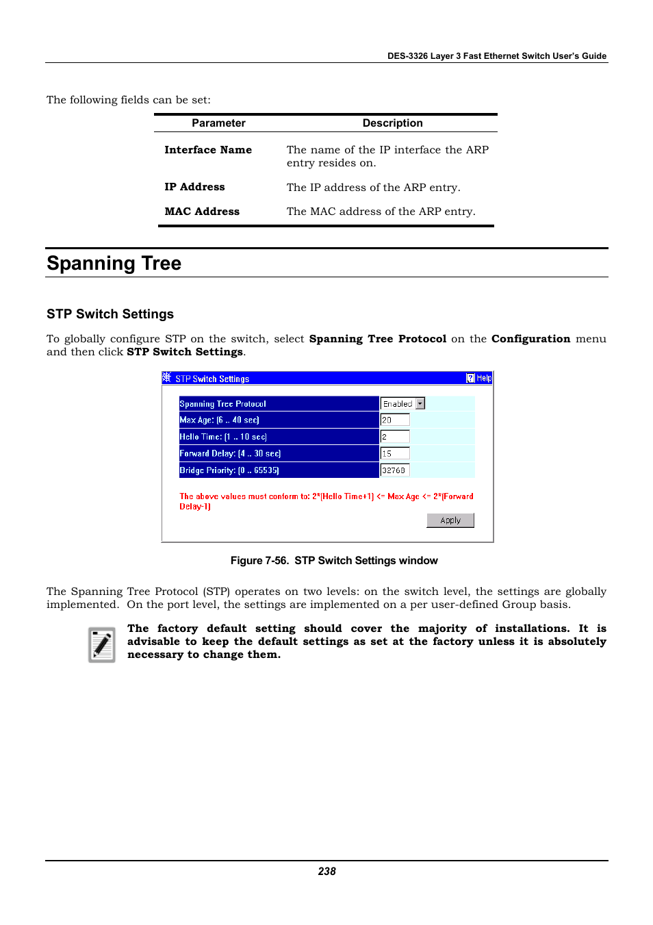 Spanning tree, Stp switch settings | D-Link DES-3326 User Manual | Page 238 / 285