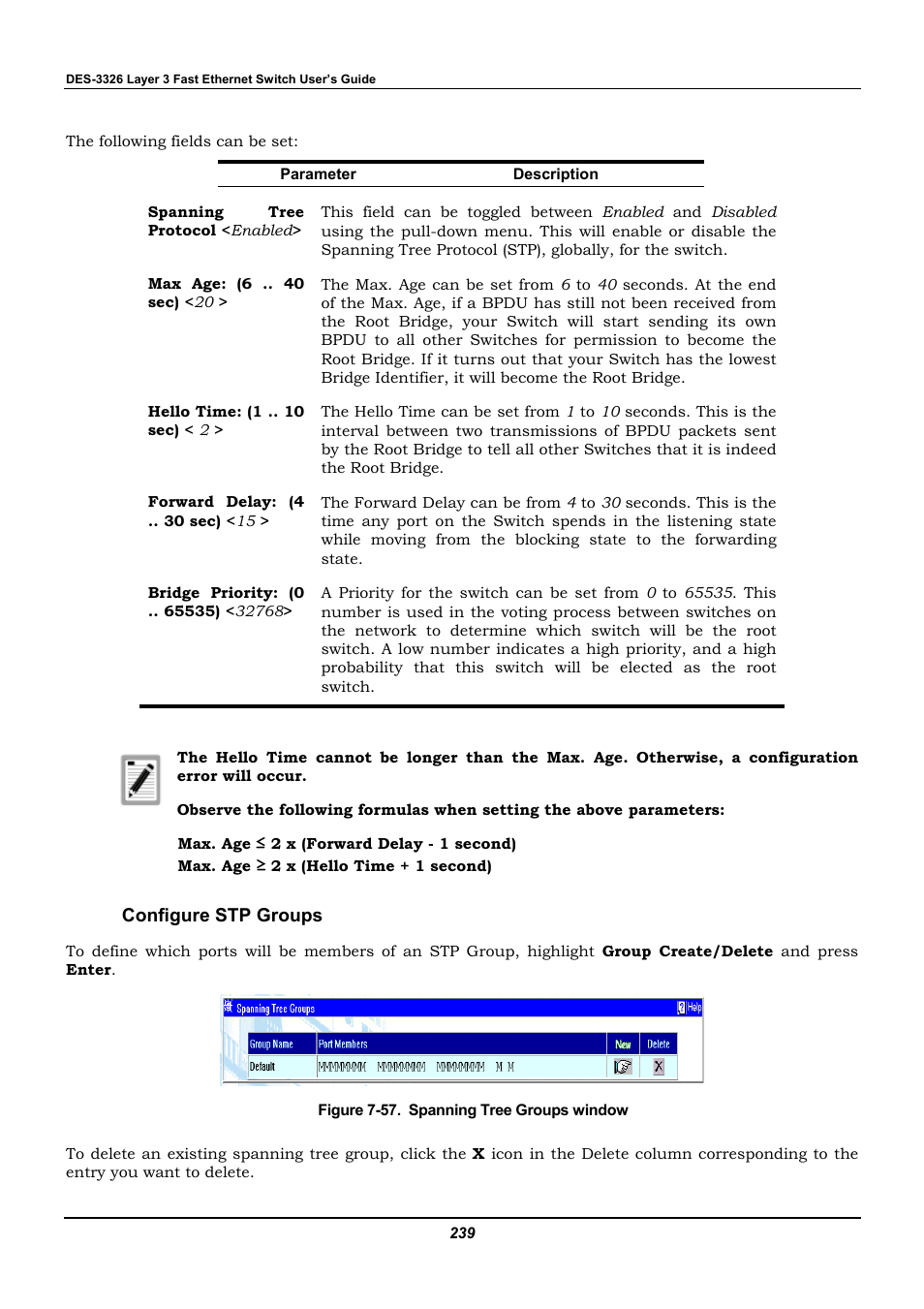 Configure stp groups | D-Link DES-3326 User Manual | Page 239 / 285