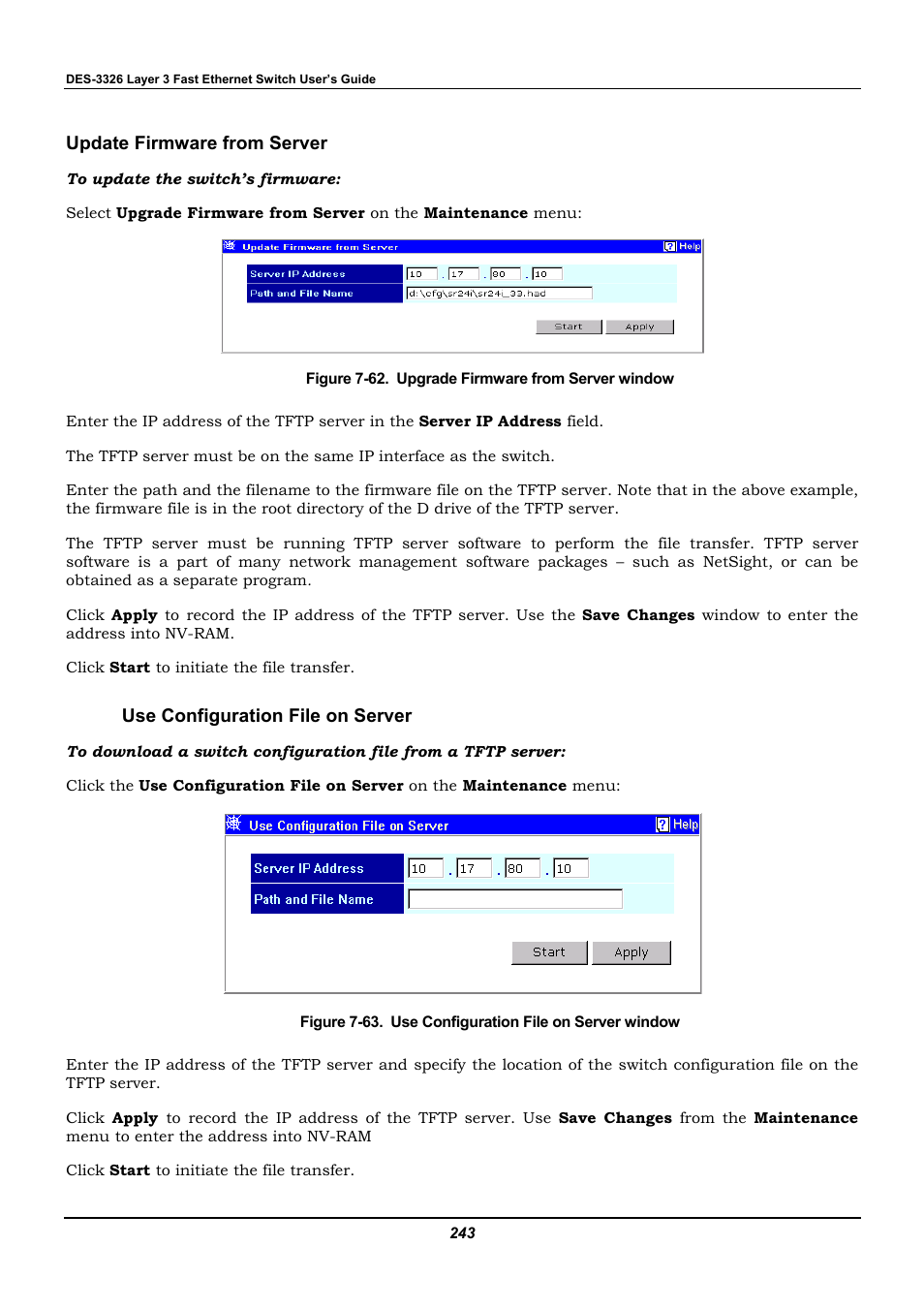 Update firmware from server, Use configuration file on server | D-Link DES-3326 User Manual | Page 243 / 285