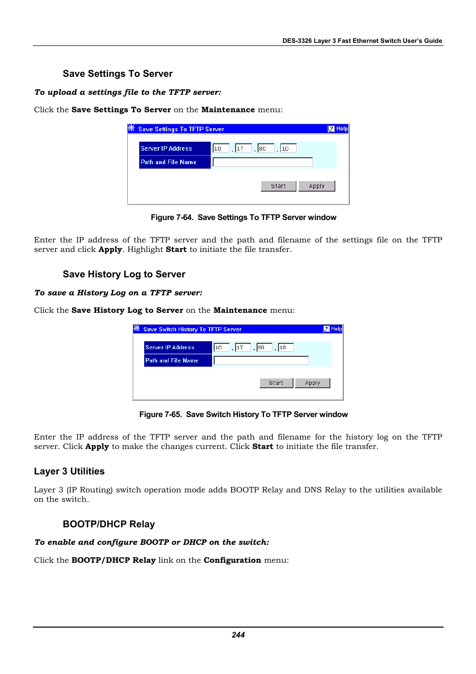 Save settings to server, Save history log to server, Layer 3 utilities | Bootp/dhcp relay | D-Link DES-3326 User Manual | Page 244 / 285