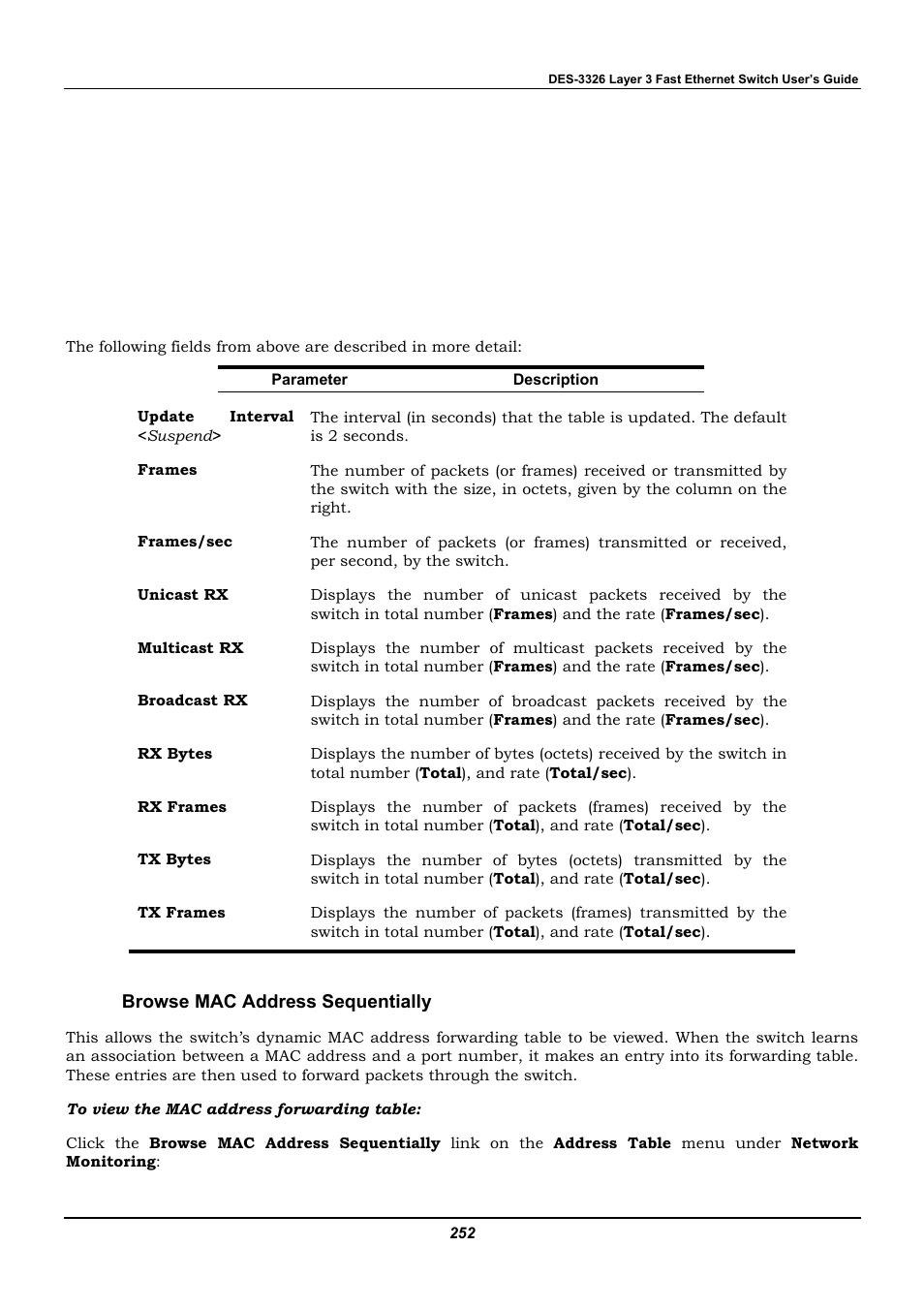 Browse mac address sequentially | D-Link DES-3326 User Manual | Page 252 / 285