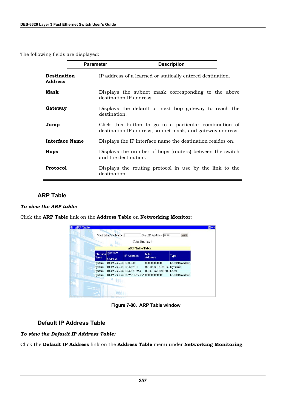 Arp table, Default ip address table | D-Link DES-3326 User Manual | Page 257 / 285