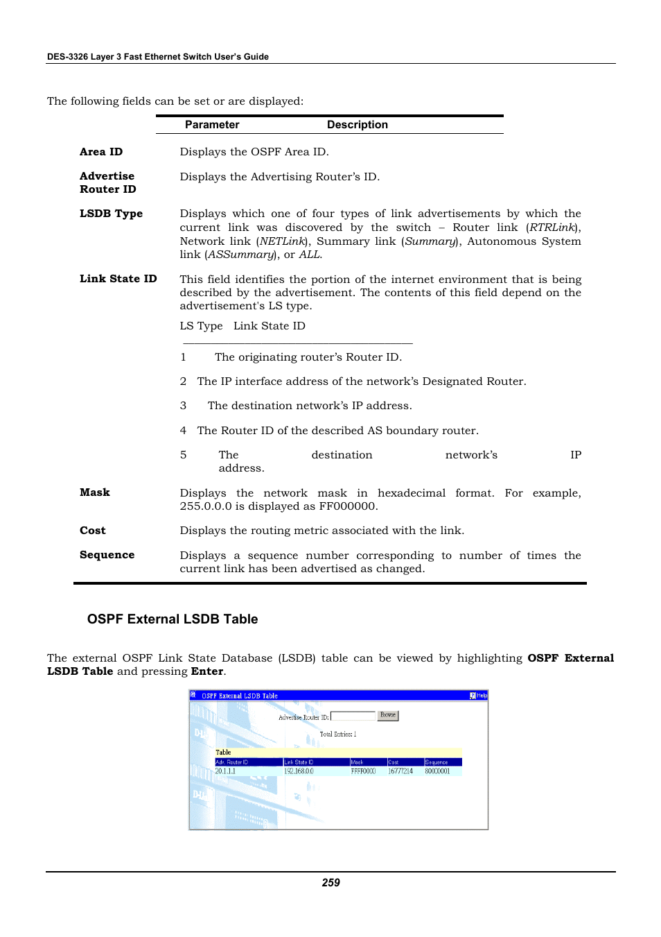 Ospf external lsdb table | D-Link DES-3326 User Manual | Page 259 / 285