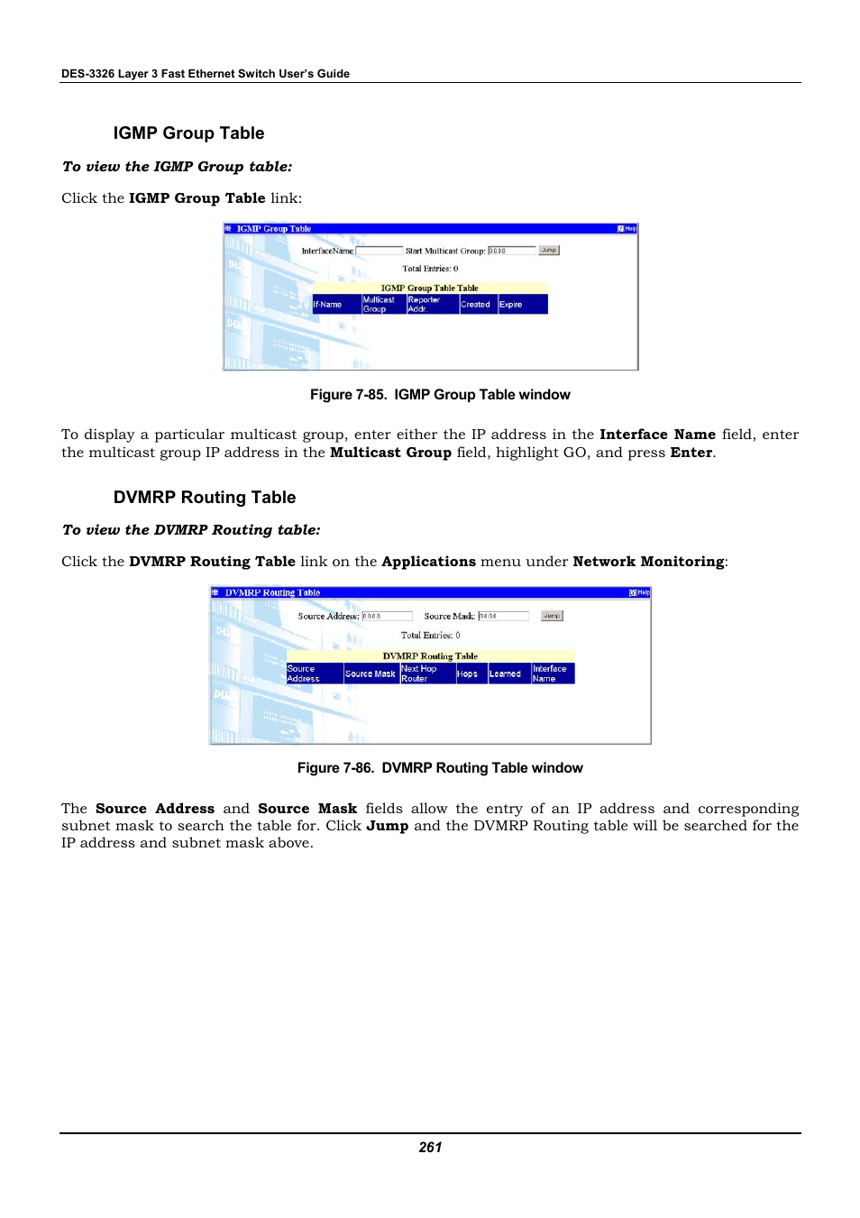 Igmp group table, Dvmrp routing table | D-Link DES-3326 User Manual | Page 261 / 285