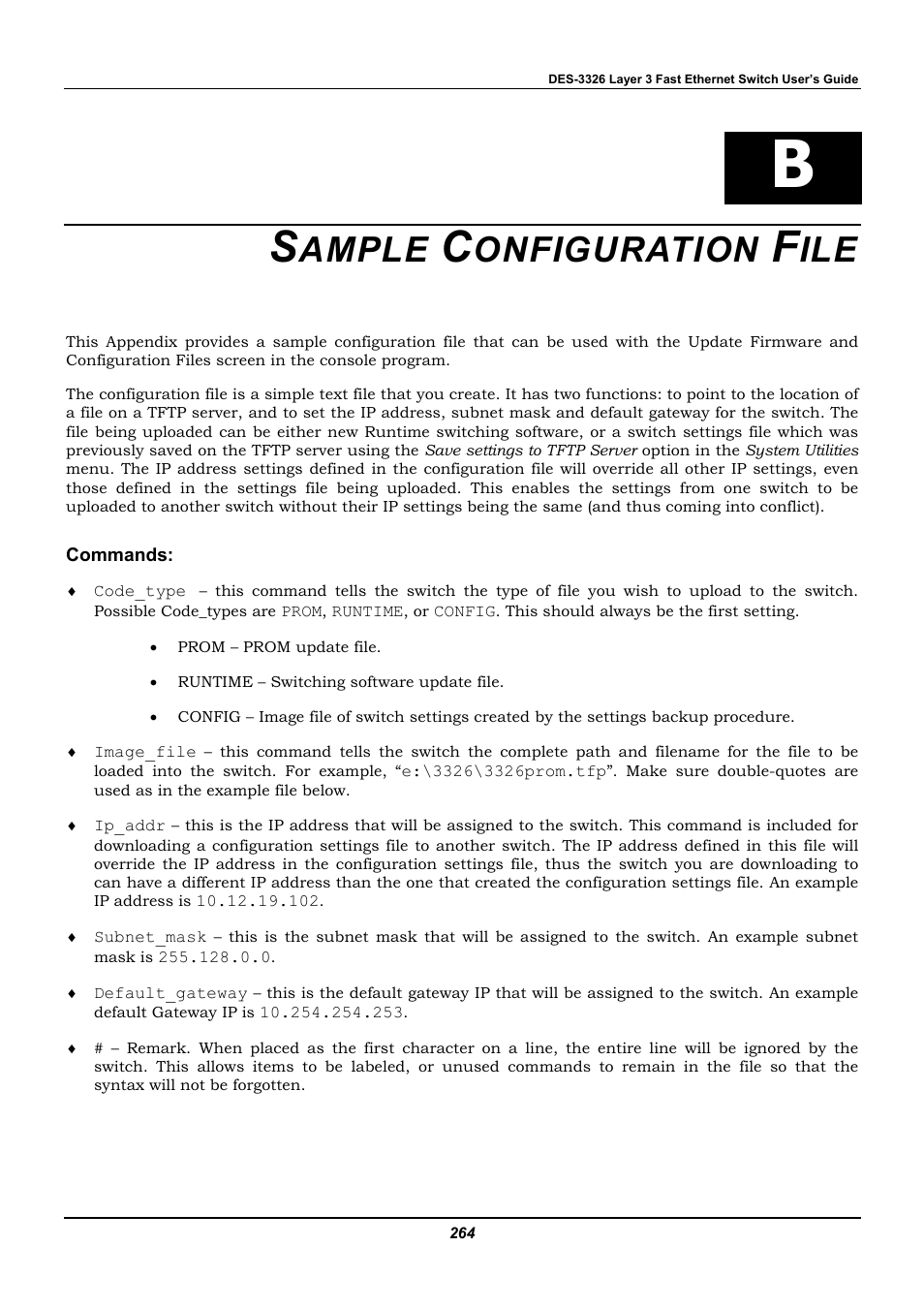 Sample configuration file, Commands, Ample | Onfiguration | D-Link DES-3326 User Manual | Page 264 / 285