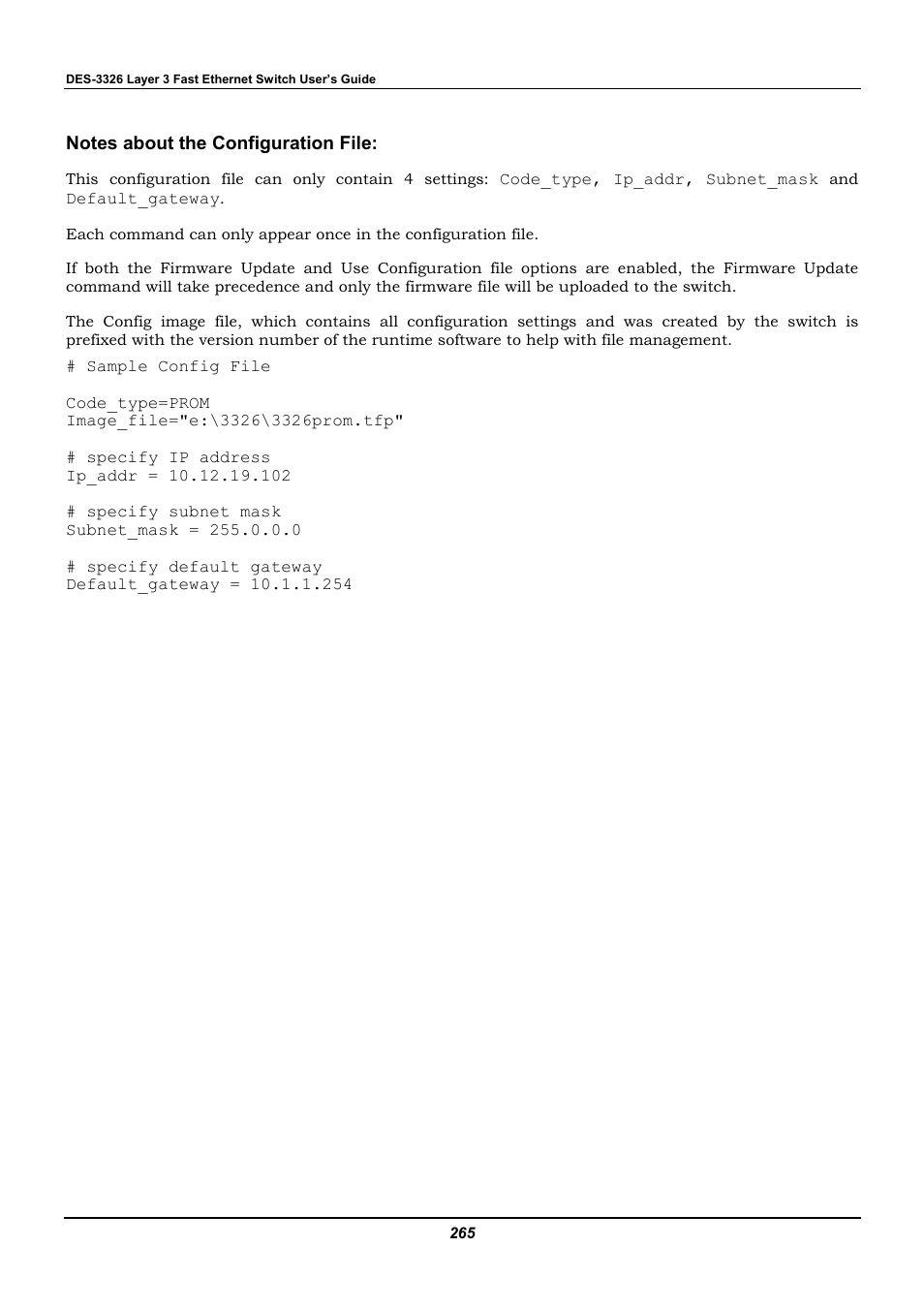 Notes about the configuration file | D-Link DES-3326 User Manual | Page 265 / 285