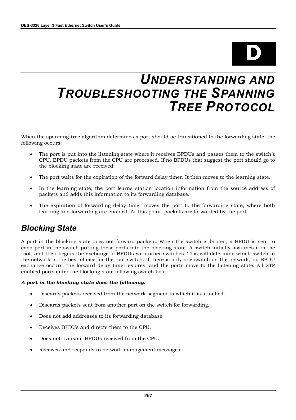 Blocking state, Nderstanding and, Roubleshooting the | Panning, Rotocol | D-Link DES-3326 User Manual | Page 267 / 285