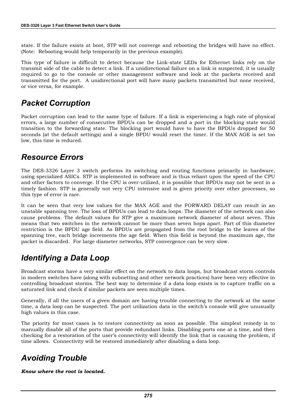 Packet corruption, Resource errors, Identifying a data loop | Avoiding trouble | D-Link DES-3326 User Manual | Page 275 / 285