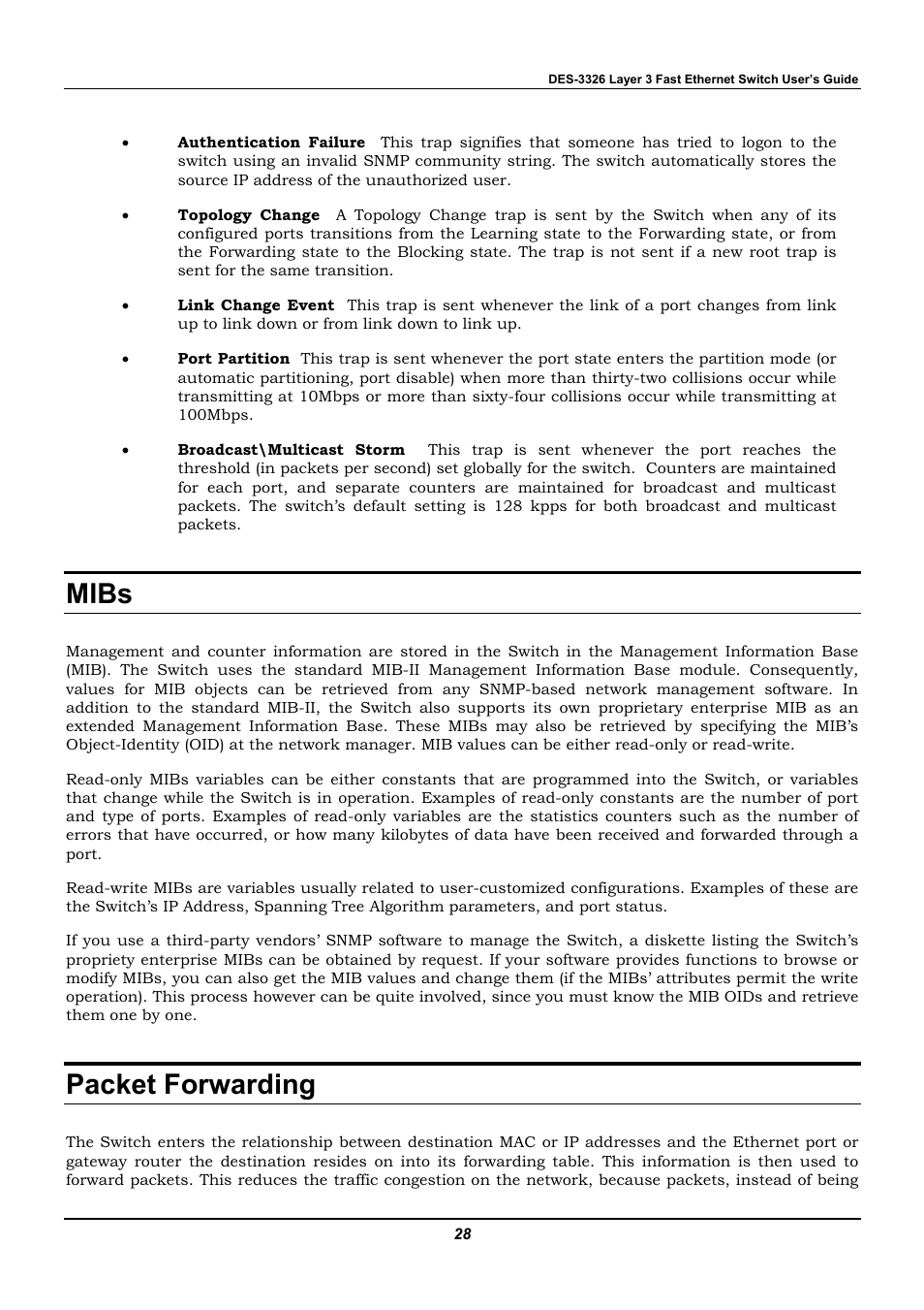 Mibs, Packet forwarding | D-Link DES-3326 User Manual | Page 28 / 285