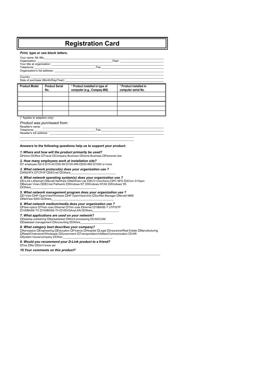 Registration card | D-Link DES-3326 User Manual | Page 284 / 285