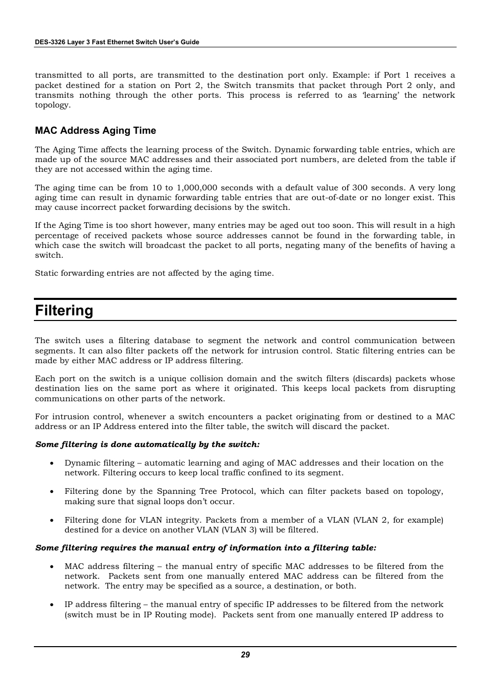 Mac address aging time, Filtering | D-Link DES-3326 User Manual | Page 29 / 285