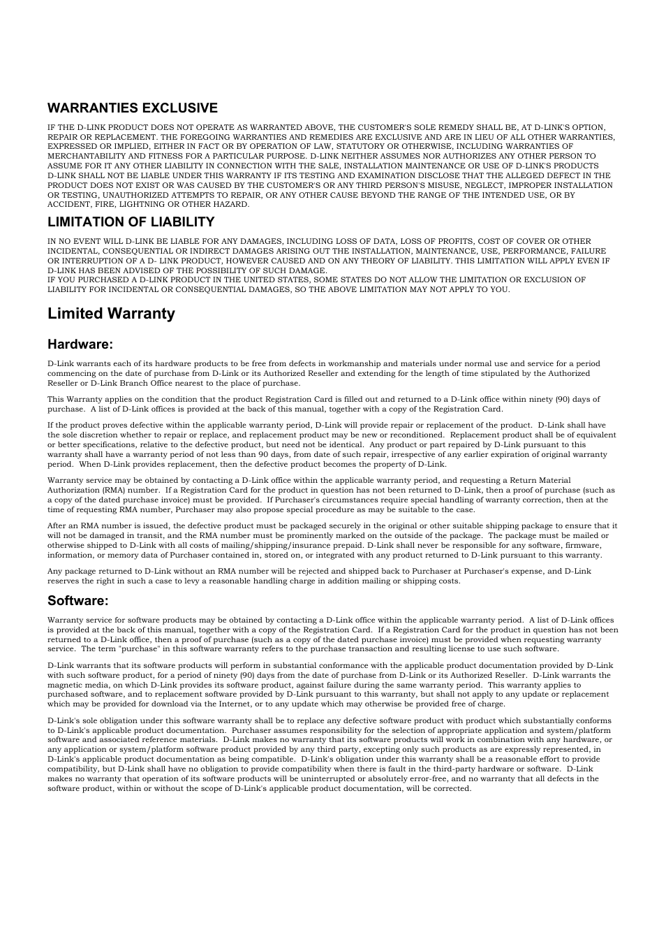 Limited warranty, Warranties exclusive, Limitation of liability | Hardware, Software | D-Link DES-3326 User Manual | Page 3 / 285