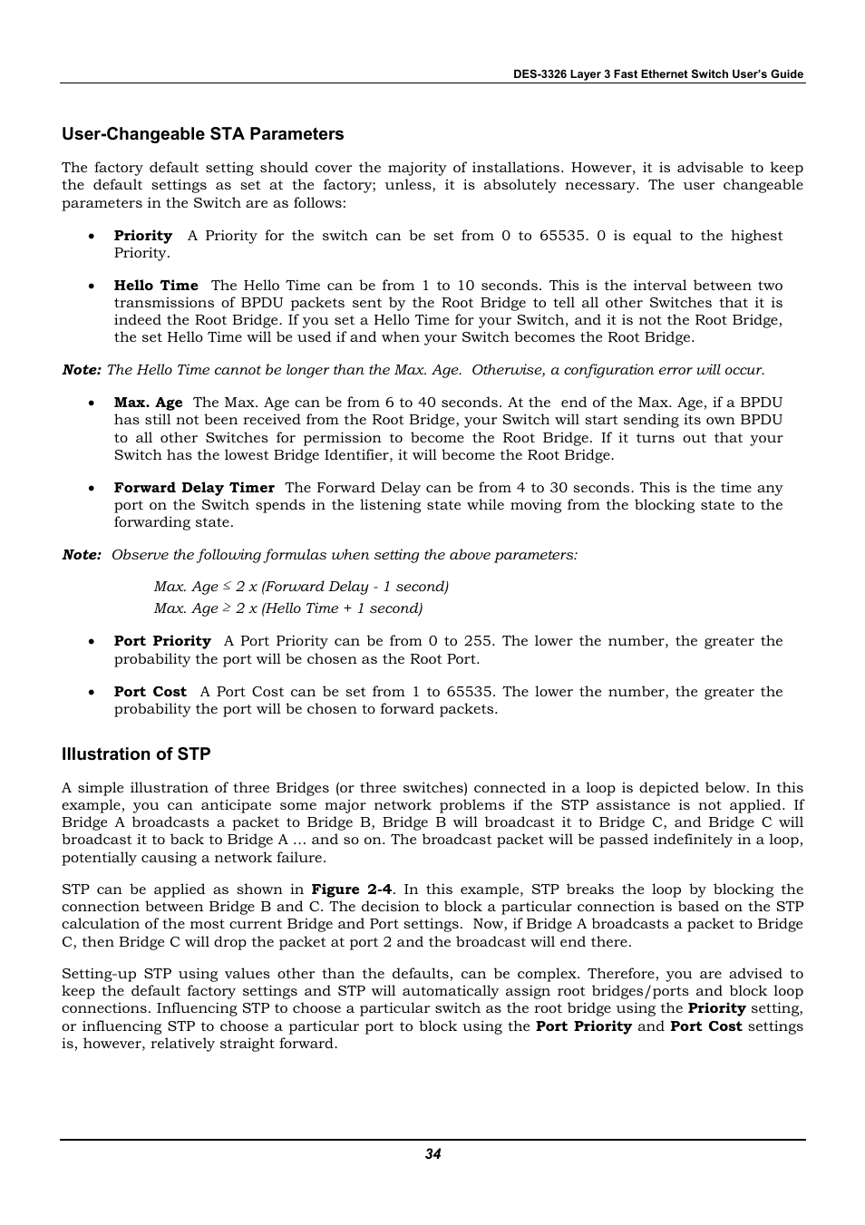 User-changeable sta parameters, Illustration of stp | D-Link DES-3326 User Manual | Page 34 / 285