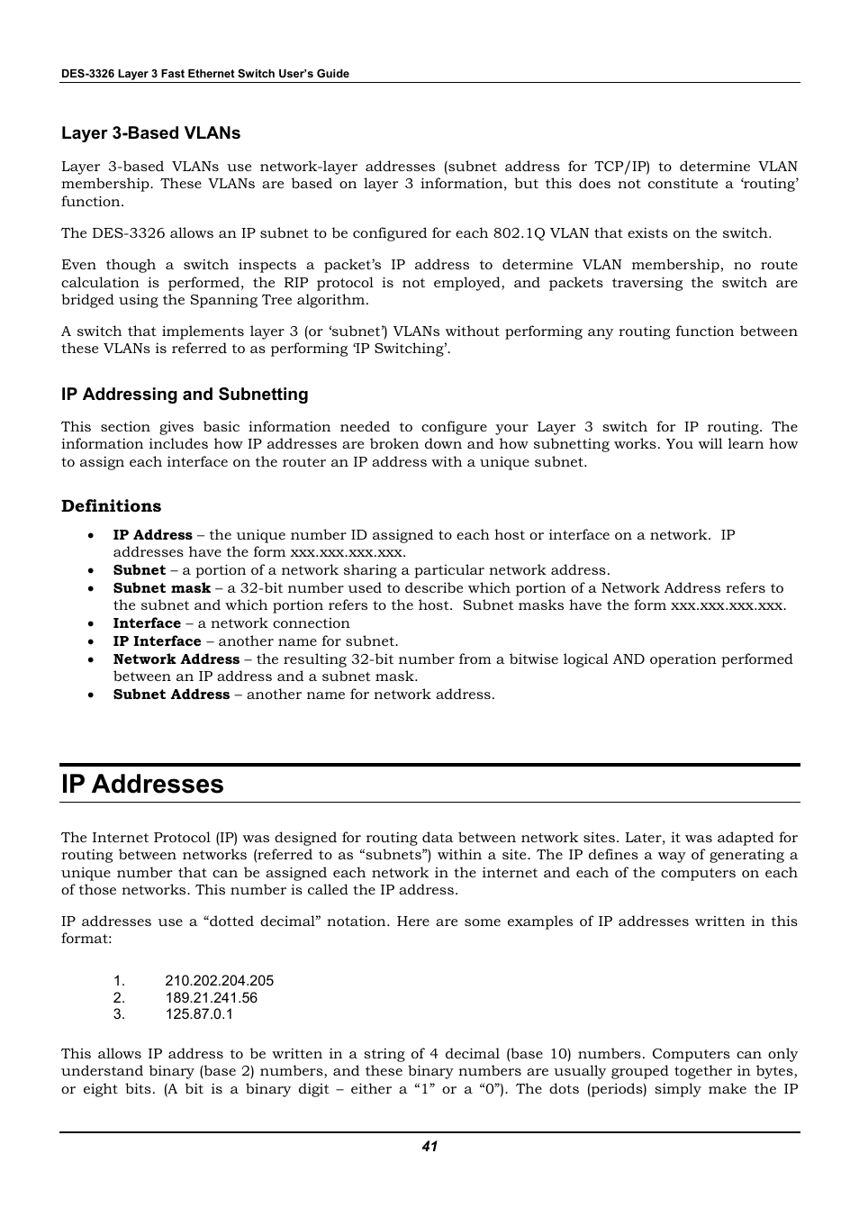 Layer 3-based vlans, Ip addressing and subnetting, Definitions | Ip addresses | D-Link DES-3326 User Manual | Page 41 / 285