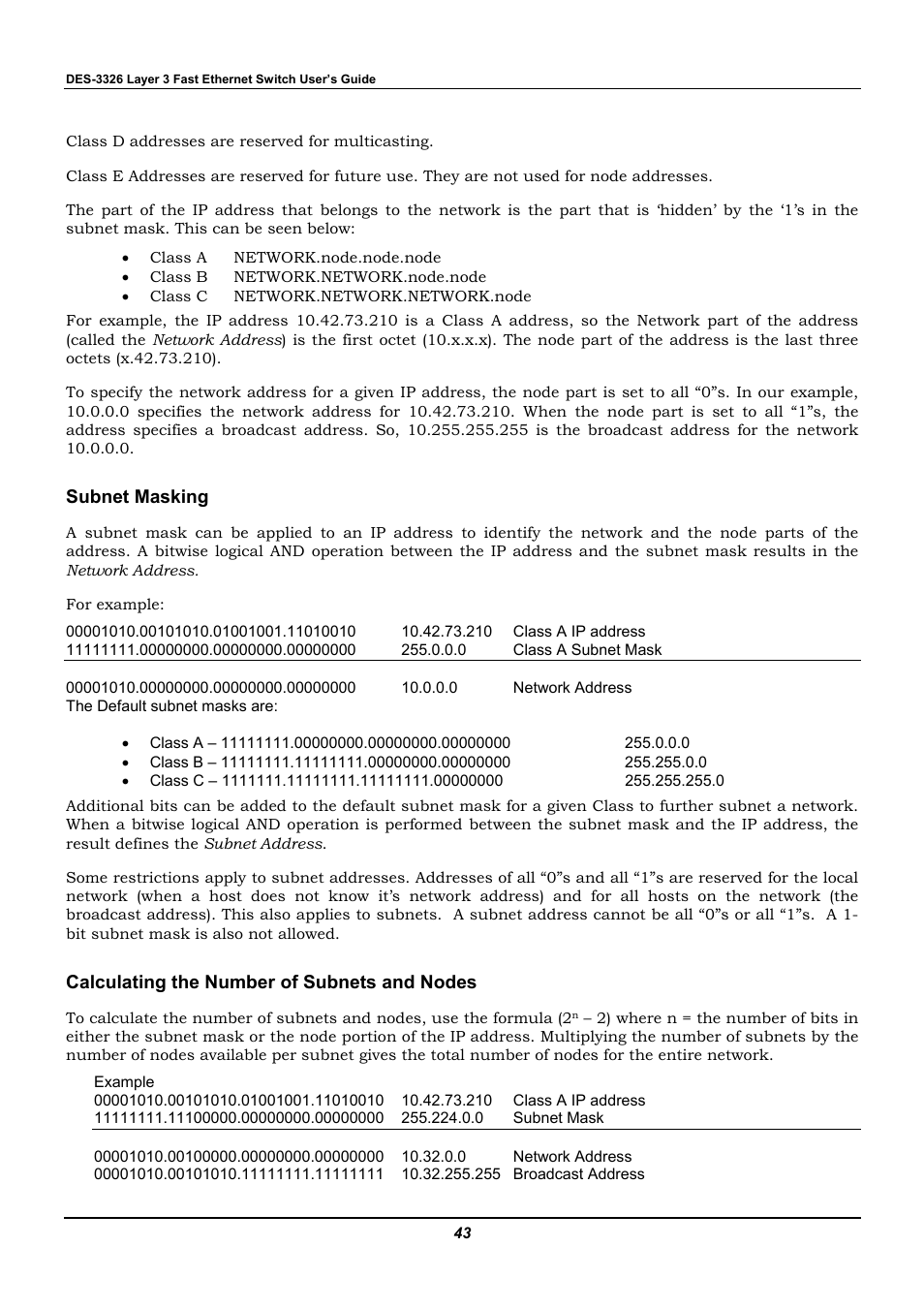 Subnet masking, Calculating the number of subnets and nodes | D-Link DES-3326 User Manual | Page 43 / 285