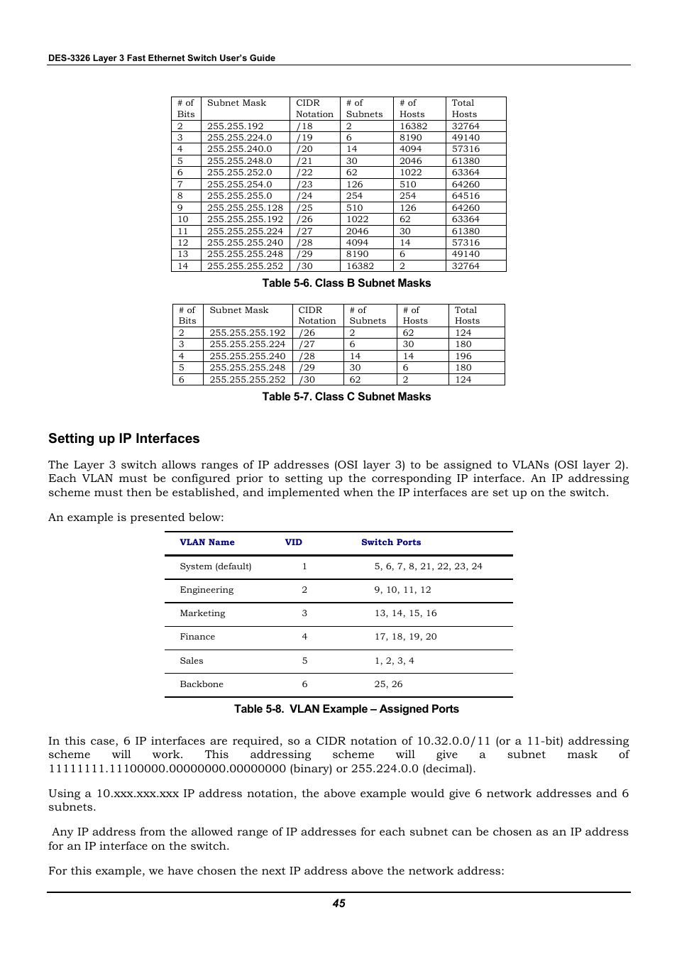 Setting up ip interfaces, Table 5-6. class b subnet masks, Table 5-7. class c subnet masks | D-Link DES-3326 User Manual | Page 45 / 285