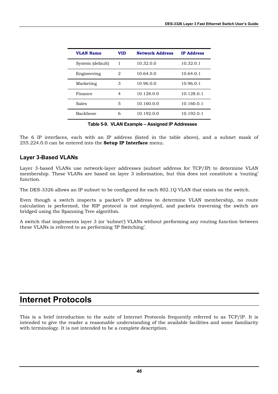 Layer 3-based vlans, Internet protocols | D-Link DES-3326 User Manual | Page 46 / 285