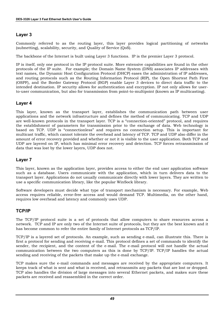 Layer 3, Layer 4, Layer 7 | Tcp/ip | D-Link DES-3326 User Manual | Page 49 / 285