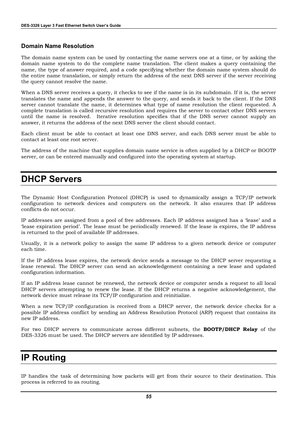 Domain name resolution, Dhcp servers, Ip routing | D-Link DES-3326 User Manual | Page 55 / 285