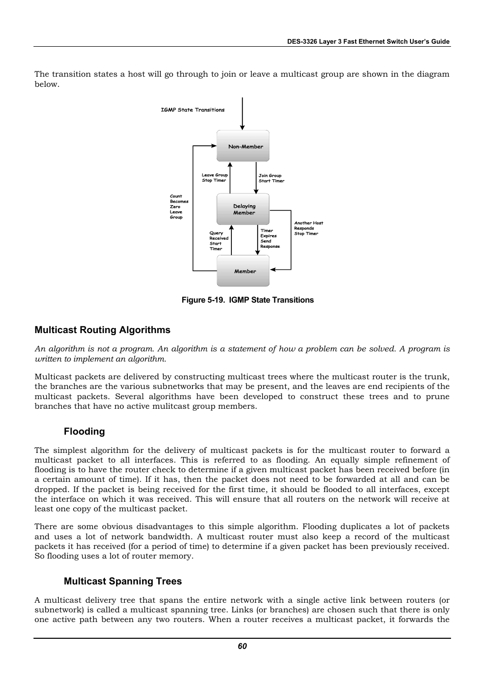 Multicast routing algorithms, Flooding, Multicast spanning trees | D-Link DES-3326 User Manual | Page 60 / 285