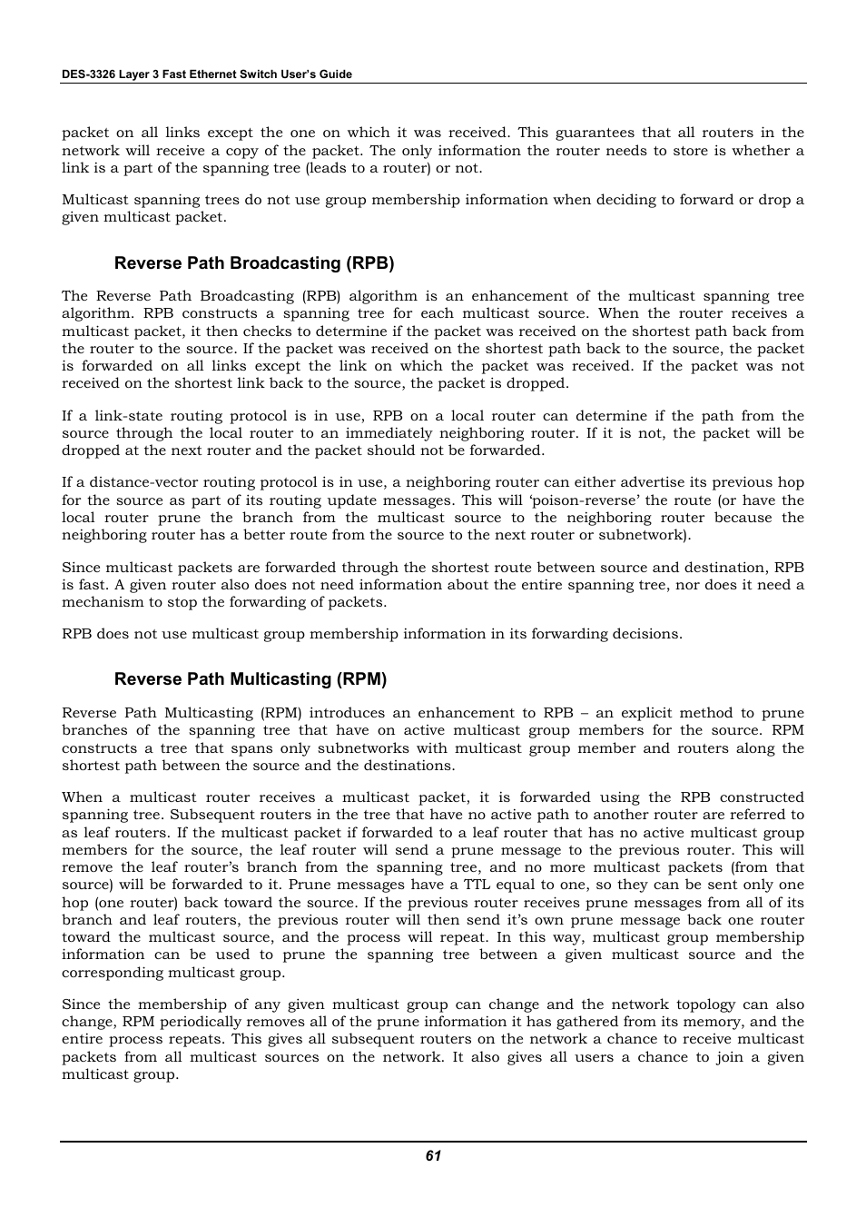 Reverse path broadcasting (rpb), Reverse path multicasting (rpm) | D-Link DES-3326 User Manual | Page 61 / 285