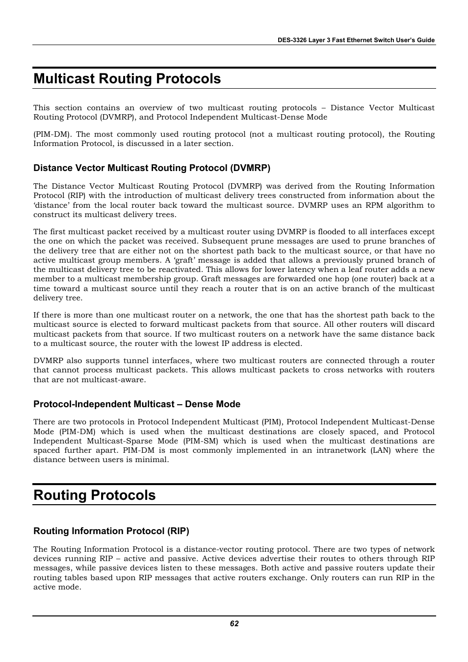 Multicast routing protocols, Distance vector multicast routing protocol (dvmrp), Protocol-independent multicast – dense mode | Routing protocols, Routing information protocol (rip) | D-Link DES-3326 User Manual | Page 62 / 285