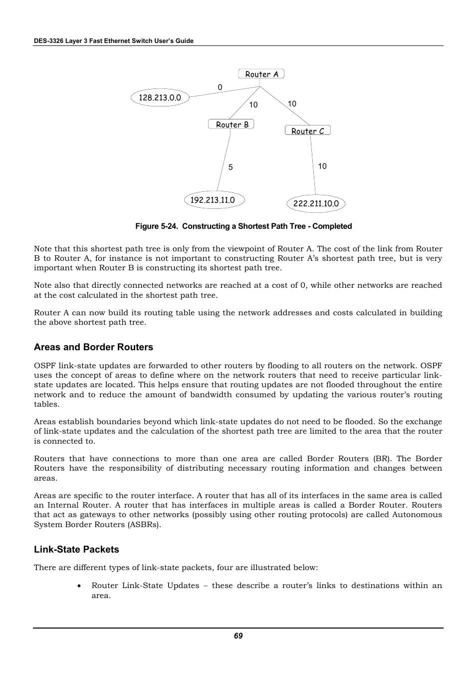 Areas and border routers, Link-state packets | D-Link DES-3326 User Manual | Page 69 / 285