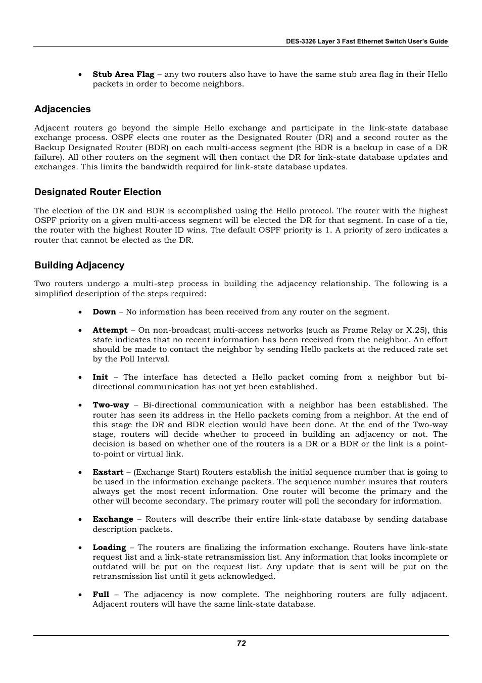 Adjacencies, Designated router election, Building adjacency | D-Link DES-3326 User Manual | Page 72 / 285