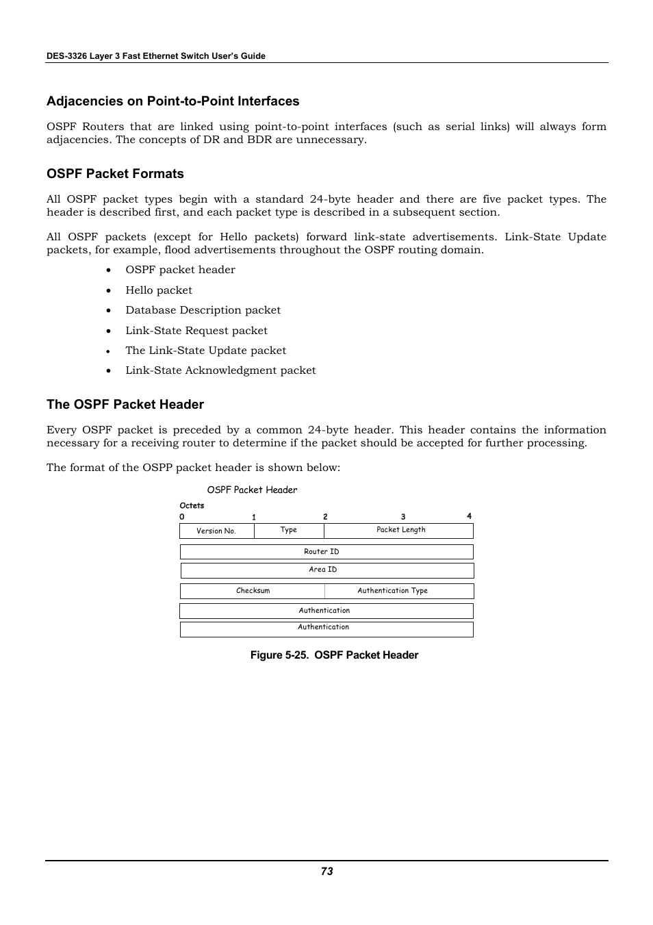 Adjacencies on point-to-point interfaces, Ospf packet formats, The ospf packet header | D-Link DES-3326 User Manual | Page 73 / 285