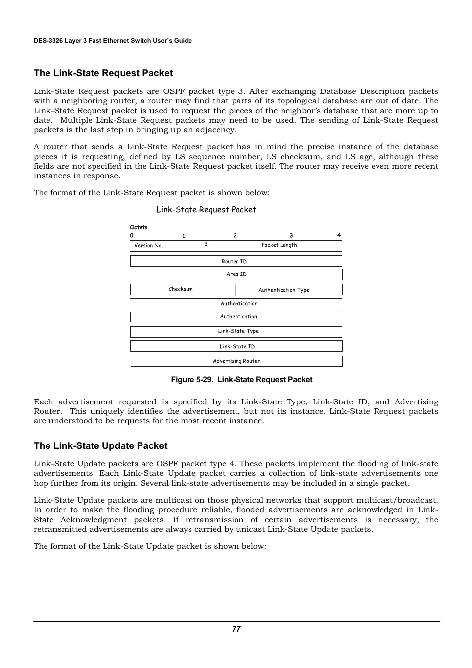 The link-state request packet, The link-state update packet | D-Link DES-3326 User Manual | Page 77 / 285