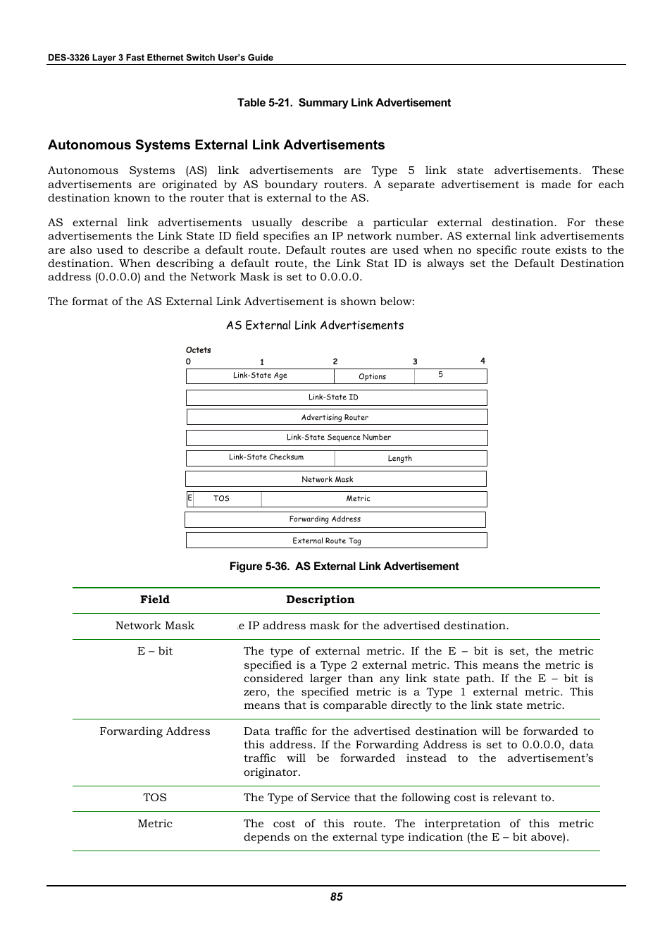 Autonomous systems external link advertisements | D-Link DES-3326 User Manual | Page 85 / 285