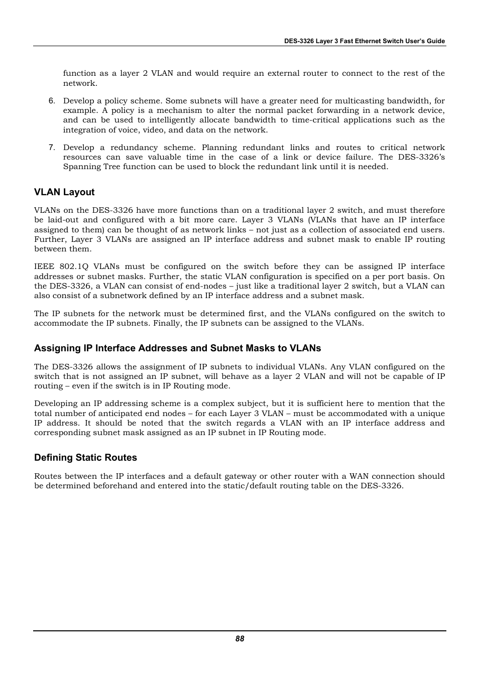 Vlan layout, Defining static routes | D-Link DES-3326 User Manual | Page 88 / 285