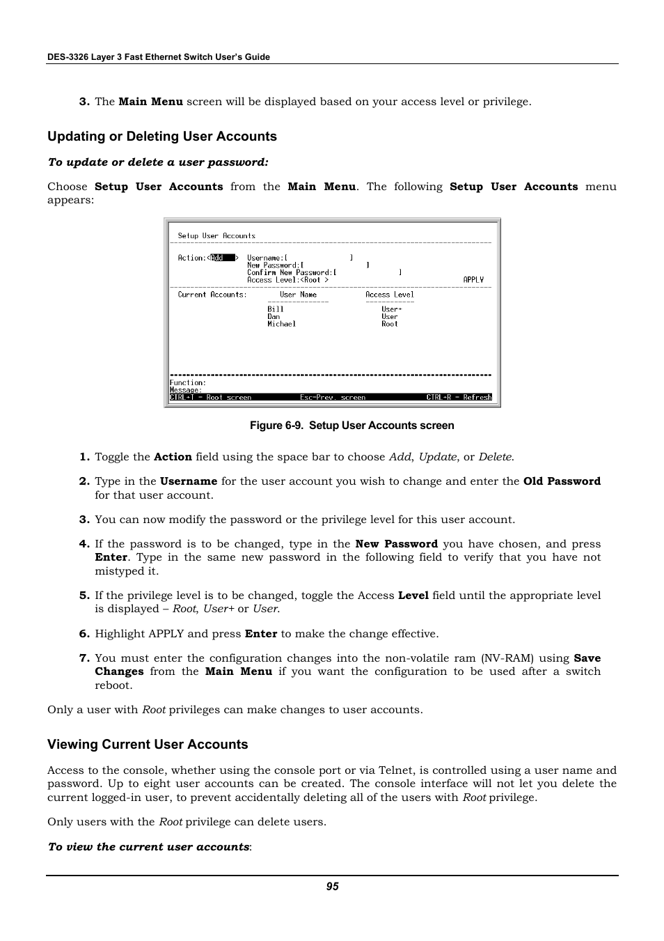 Updating or deleting user accounts, Viewing current user accounts | D-Link DES-3326 User Manual | Page 95 / 285