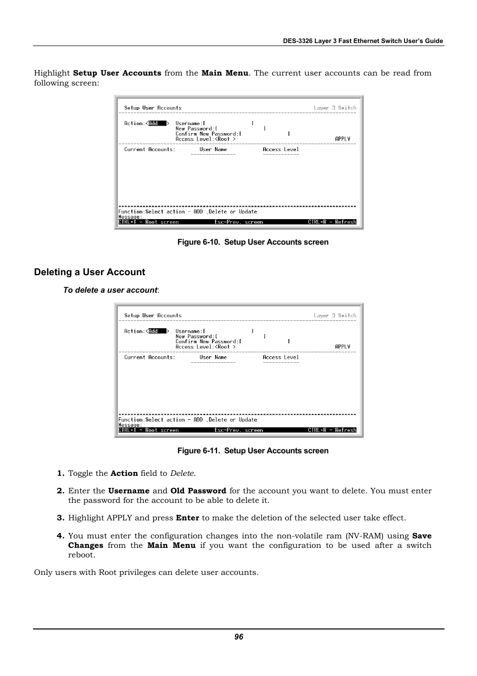 Deleting a user account | D-Link DES-3326 User Manual | Page 96 / 285