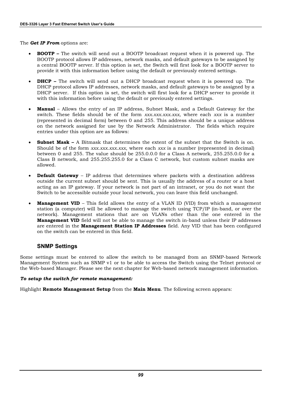 Snmp settings | D-Link DES-3326 User Manual | Page 99 / 285