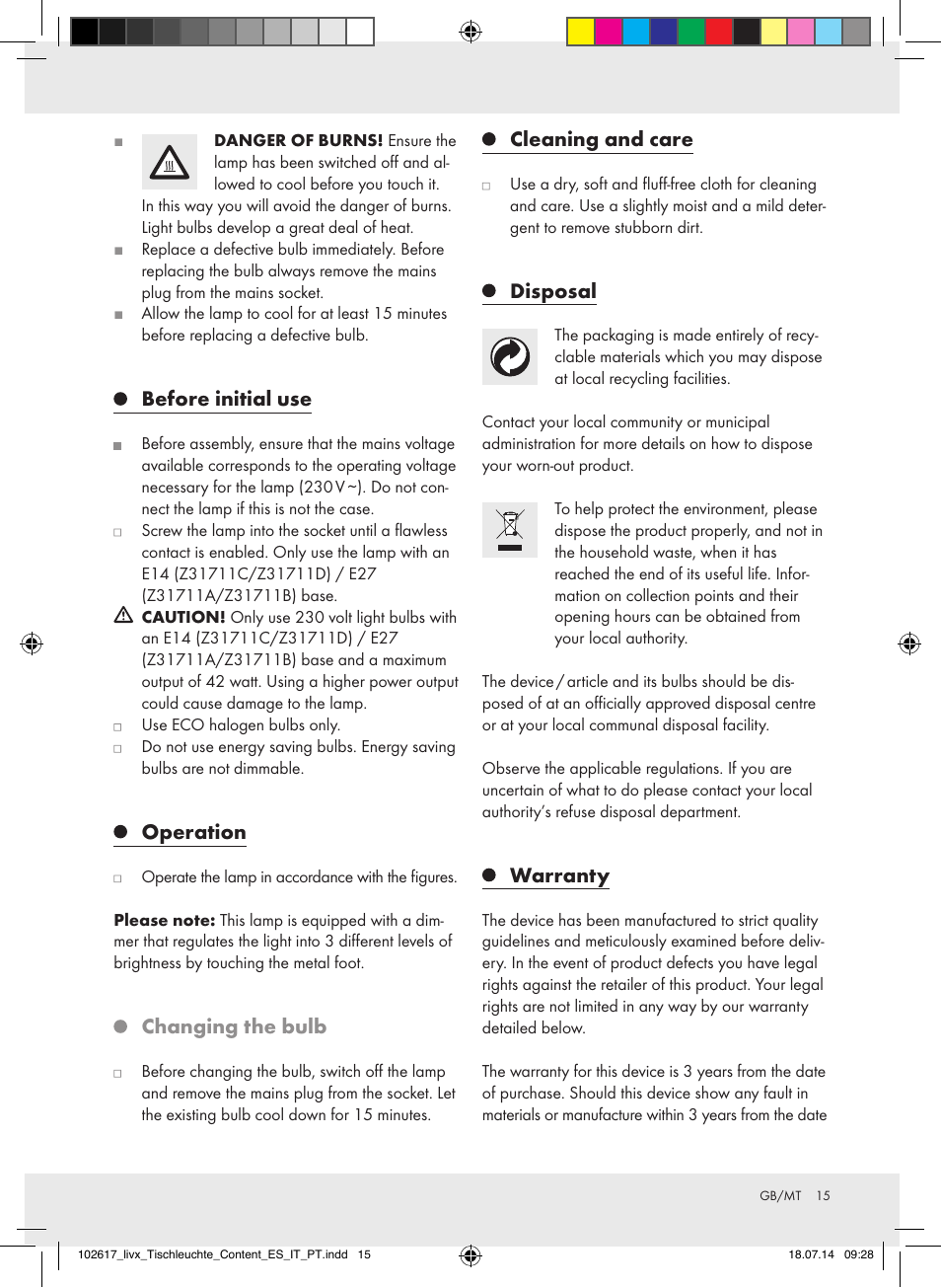 Before initial use, Operation, Changing the bulb | Cleaning and care, Disposal, Warranty | Livarno Z31711A-BS/Z31711B-BS/ Z31711C-BS/Z31711D-BS User Manual | Page 15 / 20