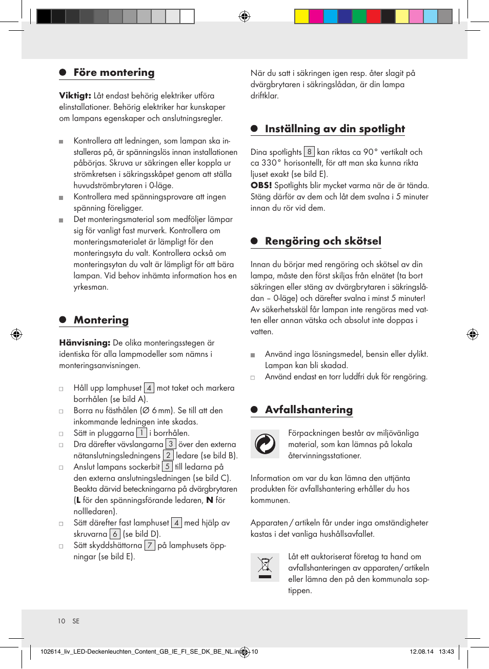 Före montering, Montering, Inställning av din spotlight | Rengöring och skötsel, Avfallshantering | Livarno Z31708A/Z31708B/ Z31708C/Z31708D User Manual | Page 10 / 29