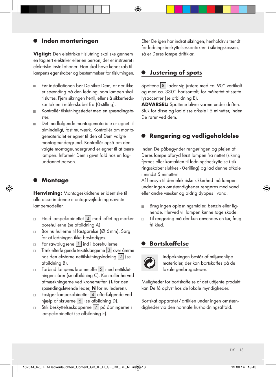 Inden monteringen, Montage, Justering af spots | Rengøring og vedligeholdelse, Bortskaffelse | Livarno Z31708A/Z31708B/ Z31708C/Z31708D User Manual | Page 13 / 29