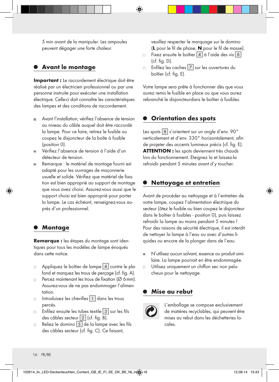 Avant le montage, Montage, Orientation des spots | Nettoyage et entretien, Mise au rebut | Livarno Z31708A/Z31708B/ Z31708C/Z31708D User Manual | Page 16 / 29
