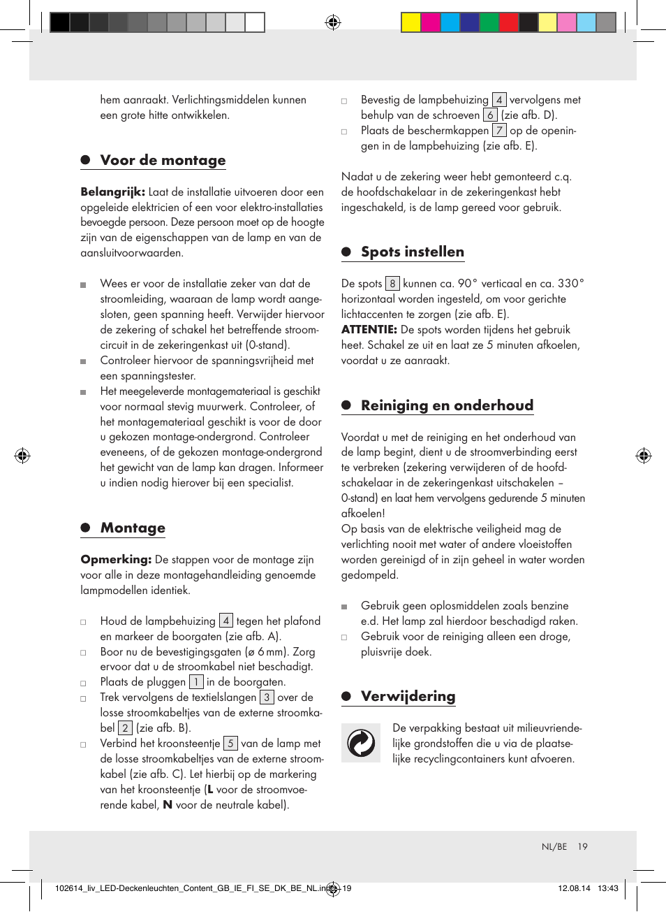 Voor de montage, Montage, Spots instellen | Reiniging en onderhoud, Verwijdering | Livarno Z31708A/Z31708B/ Z31708C/Z31708D User Manual | Page 19 / 29