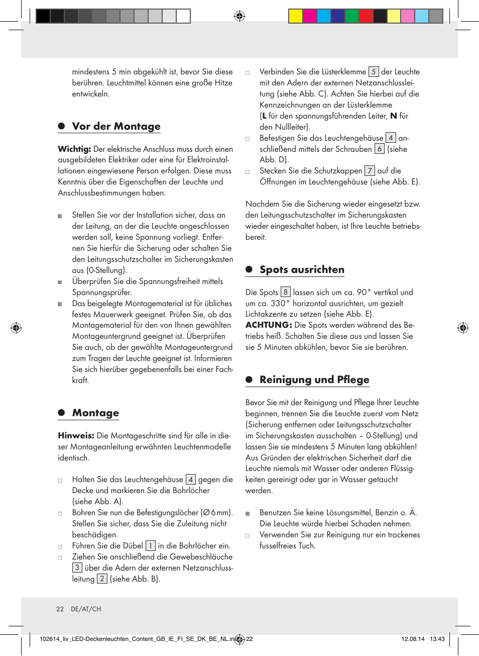 Vor der montage, Montage, Spots ausrichten | Reinigung und pflege | Livarno Z31708A/Z31708B/ Z31708C/Z31708D User Manual | Page 22 / 29