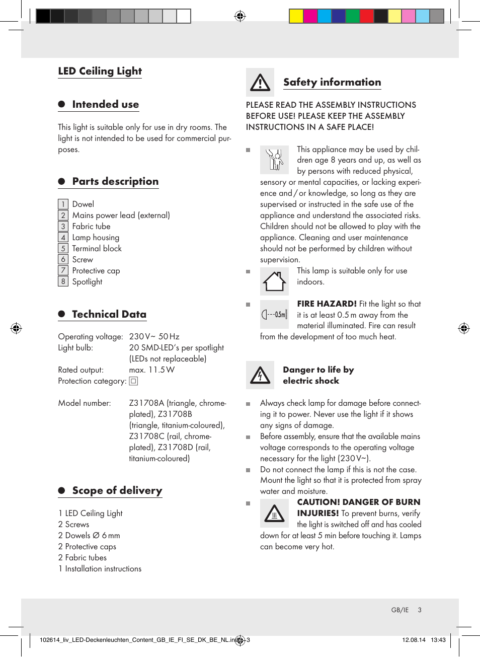 Led ceiling light, Intended use, Parts description | Technical data, Scope of delivery, Safety information | Livarno Z31708A/Z31708B/ Z31708C/Z31708D User Manual | Page 3 / 29