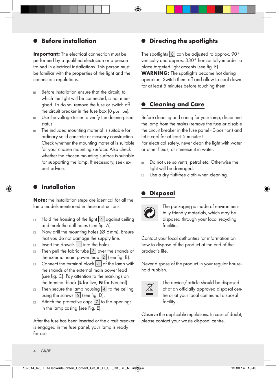 Before installation, Installation, Directing the spotlights | Cleaning and care, Disposal | Livarno Z31708A/Z31708B/ Z31708C/Z31708D User Manual | Page 4 / 29
