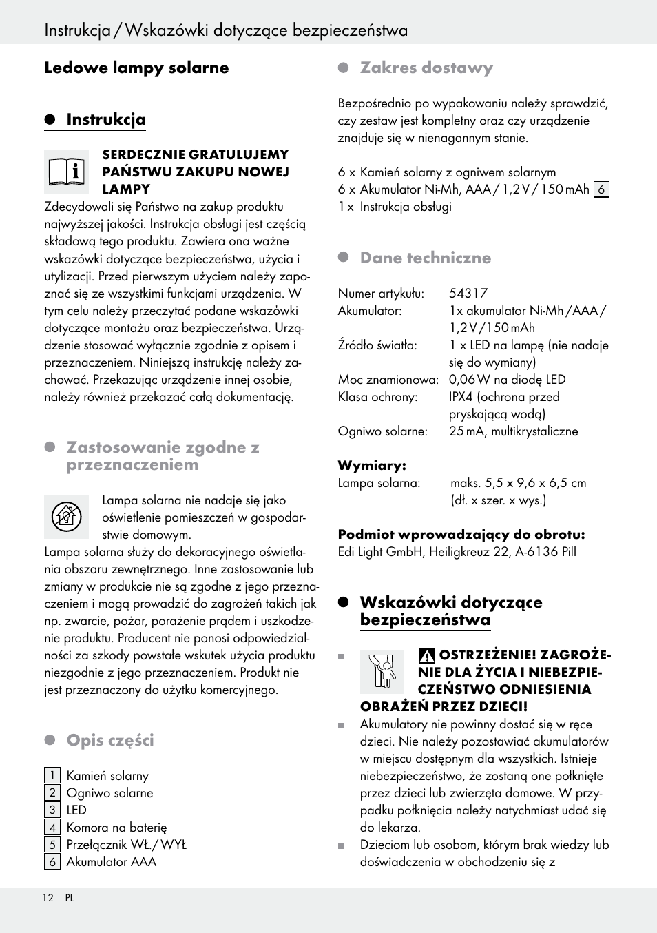 Instrukcja / wskazówki dotyczące bezpieczeństwa, Ledowe lampy solarne, Instrukcja | Zastosowanie zgodne z przeznaczeniem, Opis części, Zakres dostawy, Dane techniczne, Wskazówki dotyczące bezpieczeństwa | Livarno 54317 User Manual | Page 12 / 37