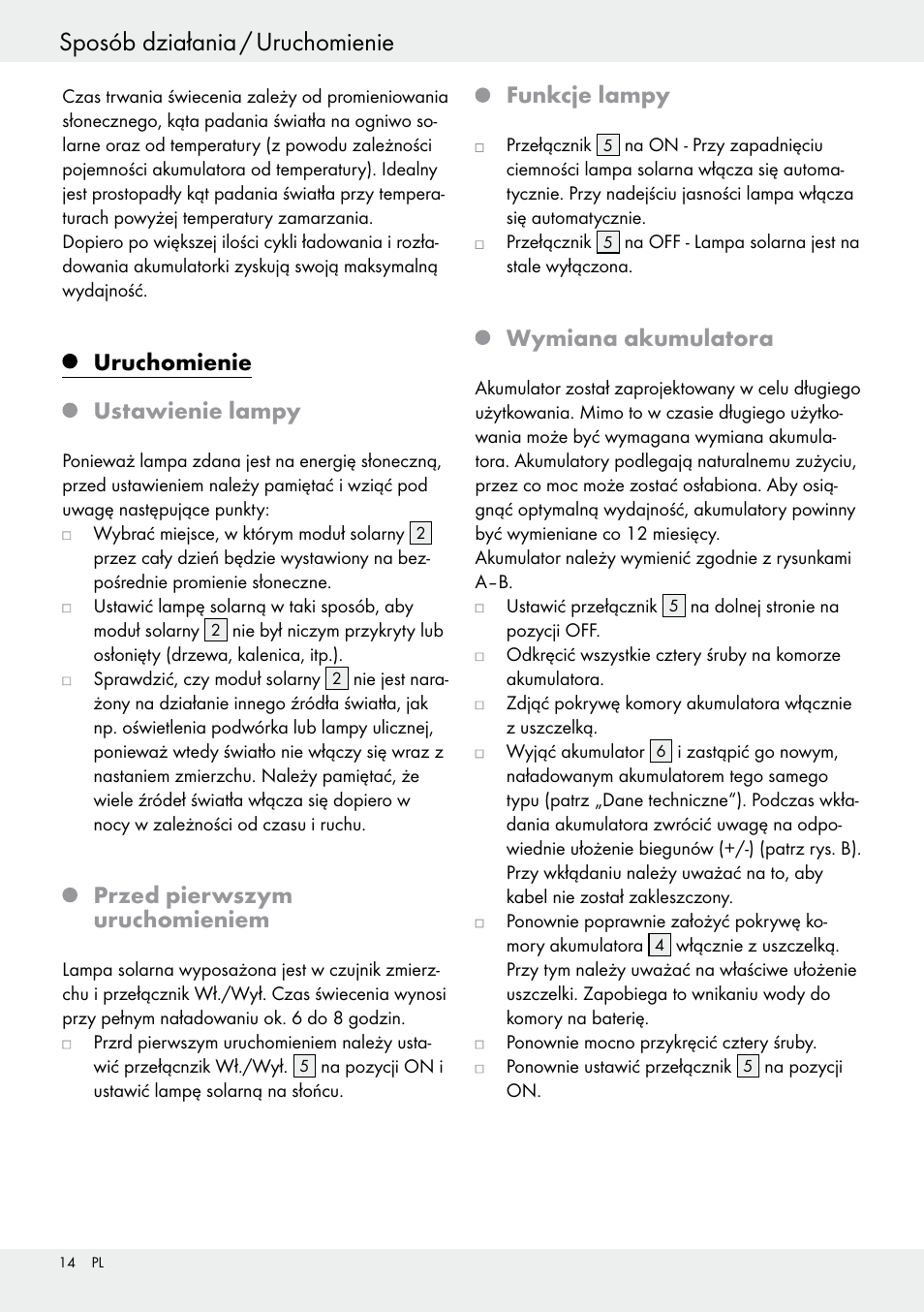 Sposób działania / uruchomienie, Uruchomienie ustawienie lampy, Przed pierwszym uruchomieniem | Funkcje lampy, Wymiana akumulatora | Livarno 54317 User Manual | Page 14 / 37