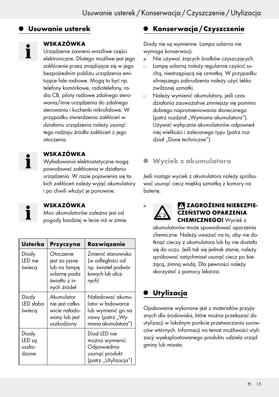 Usuwanie usterek, Konserwacja / czyszczenie, Wyciek z akumulatora | Utylizacja | Livarno 54317 User Manual | Page 15 / 37