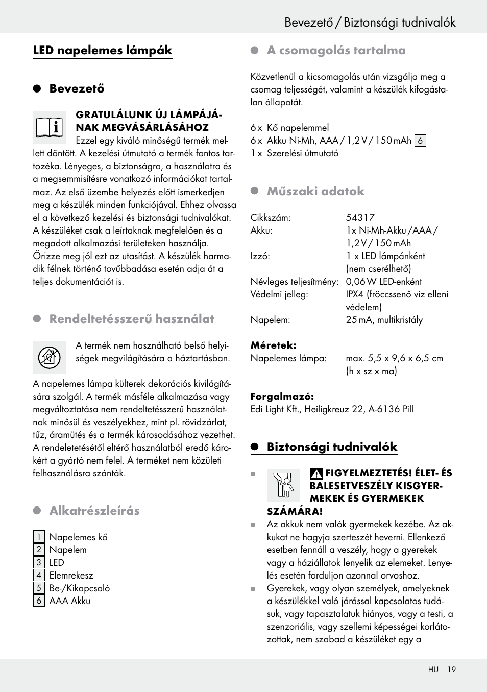 Tartalomjegyzék bevezető / biztonsági tudnivalók, Led napelemes lámpák, Bevezető | Rendeltetésszerű használat, Alkatrészleírás, A csomagolás tartalma, Műszaki adatok, Biztonsági tudnivalók | Livarno 54317 User Manual | Page 19 / 37