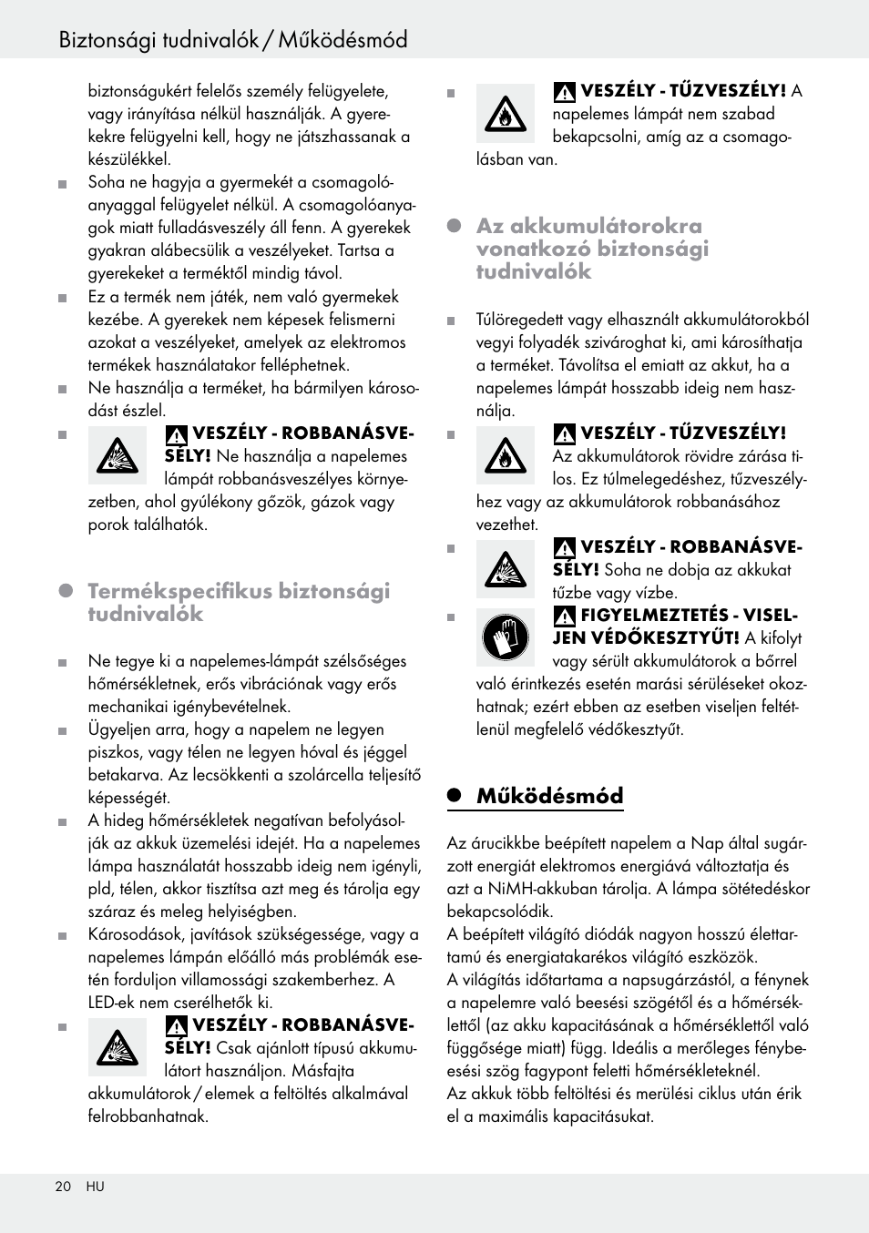 Biztonsági tudnivalók / működésmód, Üzembe helyezés / hibák elhárítása, Termékspecifikus biztonsági tudnivalók | Az akkumulátorokra vonatkozó biztonsági tudnivalók, Működésmód | Livarno 54317 User Manual | Page 20 / 37